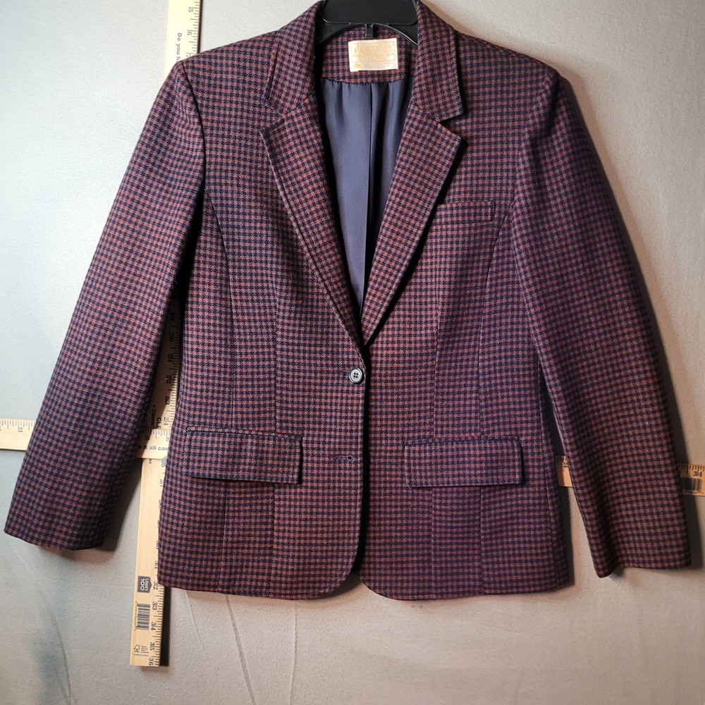 Vintage Pendleton Wool Blazer Womens Red Navy Houndstooth Single Button Jacket